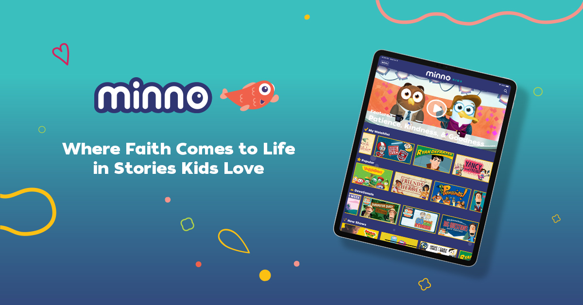 Minno Kids app on tablet showcasing faith-based stories for children. Text: Where Faith Comes to Life in Stories Kids Love.