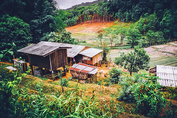 Rustic wooden houses in a scenic hillside village surrounded by lush greenery and a distant farmland.