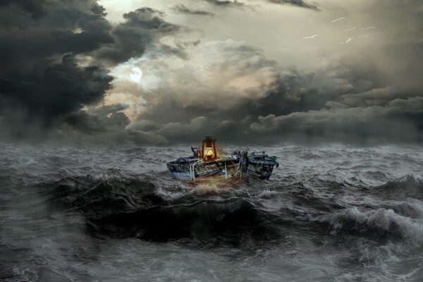 Ship in stormy sea with dark clouds and moonlight, creating a dramatic and eerie atmosphere.