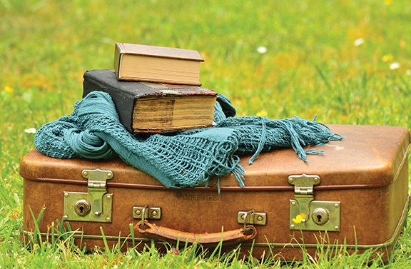 Vintage suitcase with books and a scarf on grass, symbolizing travel and relaxation.