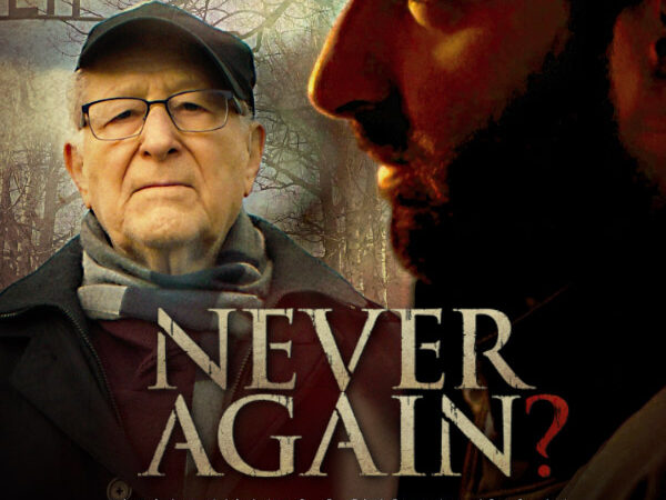 Never Again movie poster featuring two men, in theaters October 13 & 15. Website: neveragainthemovie.com