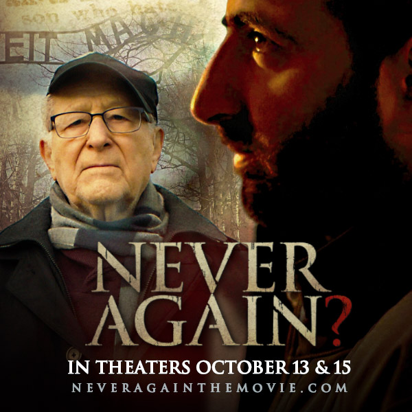 Never Again movie poster featuring two men, in theaters October 13 & 15. Website: neveragainthemovie.com