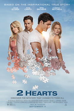 2 Hearts movie poster featuring four people with puzzle pieces; tagline: 'Discover the mystery that connects them all'.