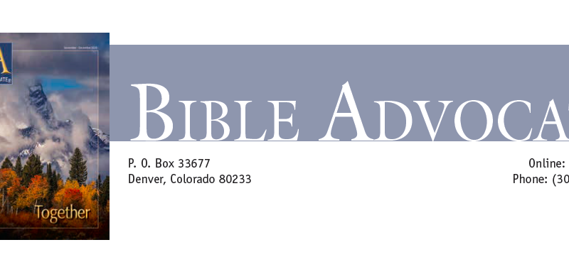 Bible Advocate Magazine cover and contact details, featuring scenic mountains and autumn trees.