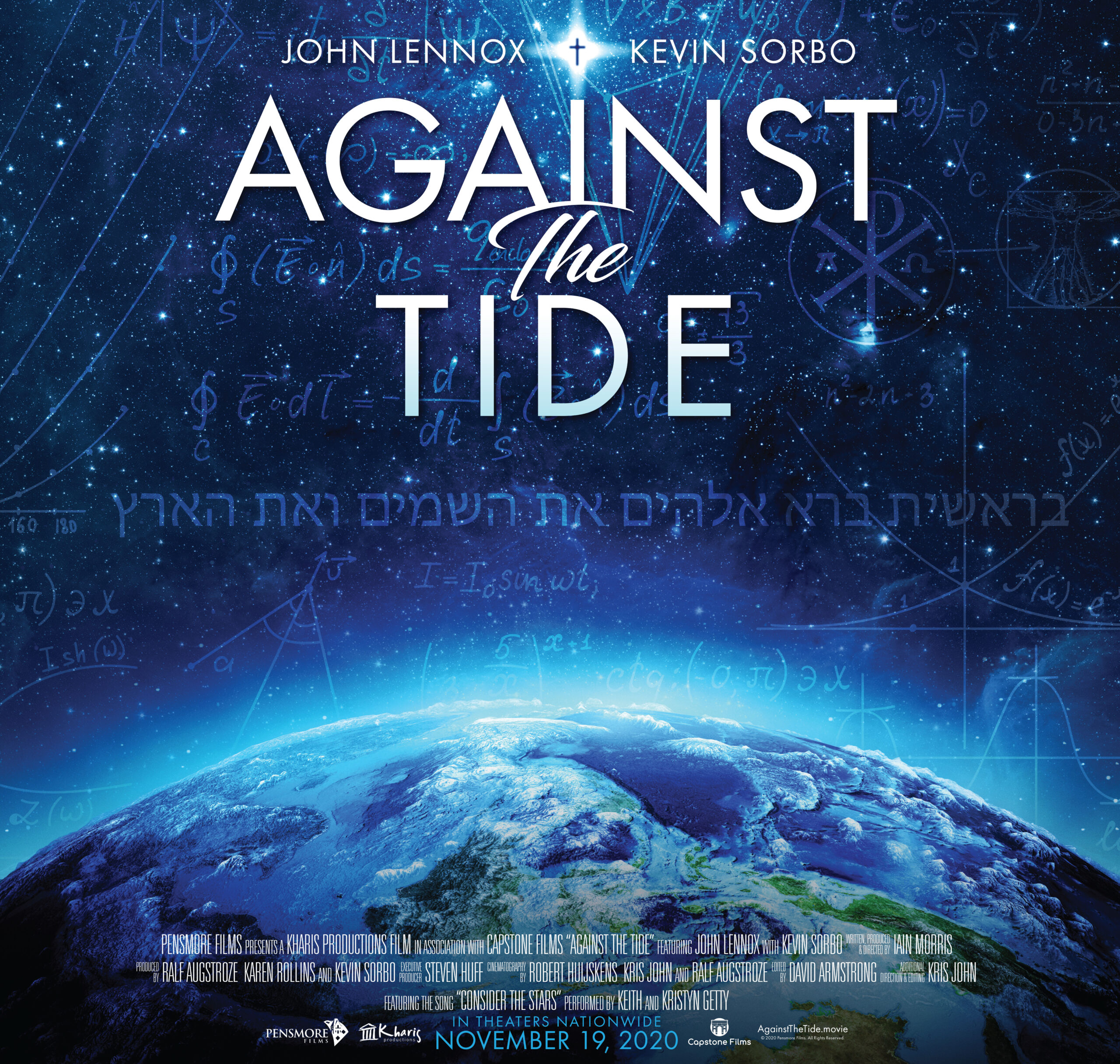 Against the Tide movie poster with John Lennox and Kevin Sorbo, earth and mathematical equations in the background.
