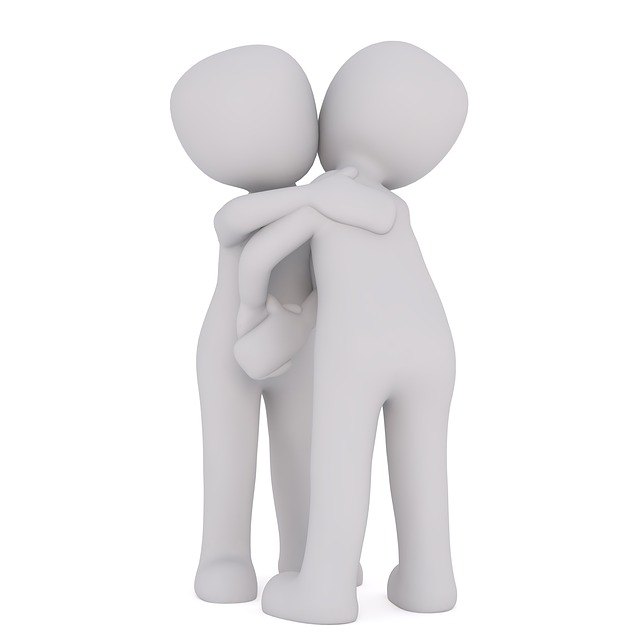 3D figures hugging, symbolizing friendship and support.