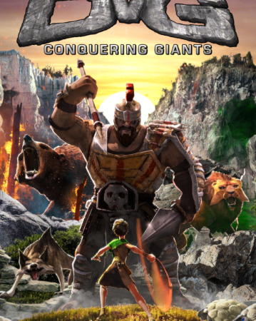 Fierce battle scene from DvG: Conquering Giants featuring a young warrior and towering robot amidst wild creatures.
