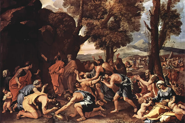 Baroque painting depicting figures in a landscape scene with trees, portraying a historical or biblical event.
