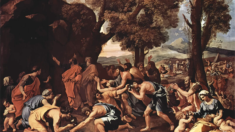 Baroque painting depicting figures in a landscape scene with trees, portraying a historical or biblical event.