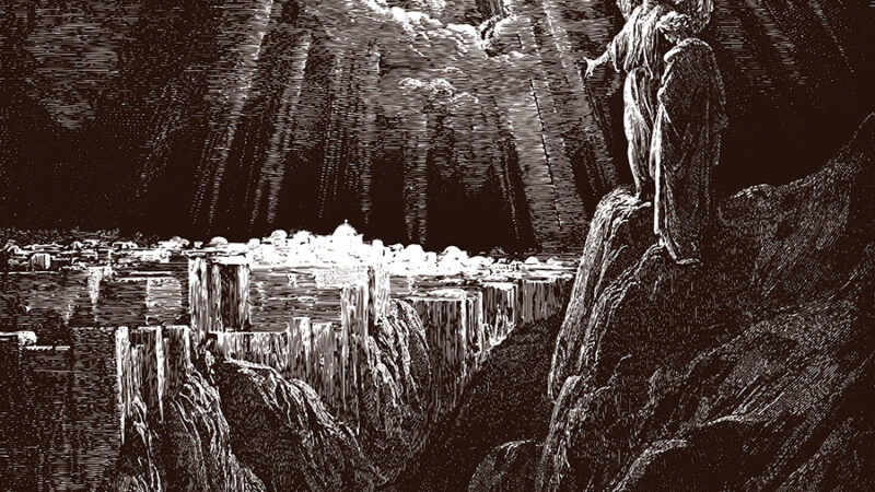 Engraving of an angel on a cliff with rays of light shining through clouds above an illuminated cityscape.