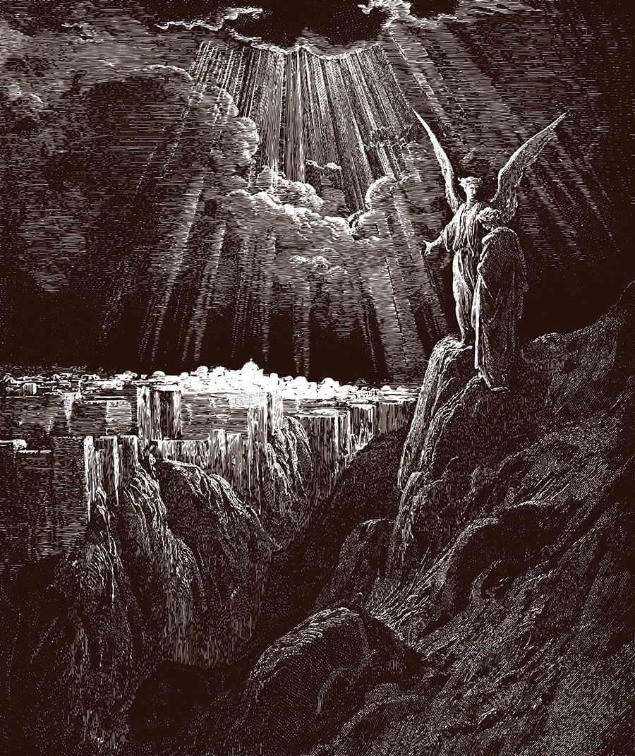 Engraving of an angel on a cliff with rays of light shining through clouds above an illuminated cityscape.
