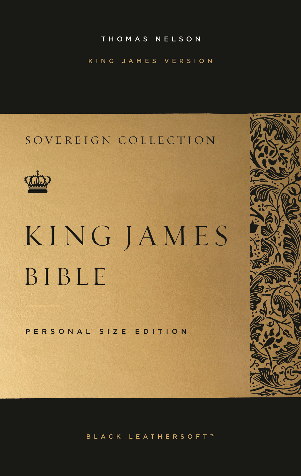 King James Bible cover, Sovereign Collection, personal size edition, black and gold design with floral pattern.