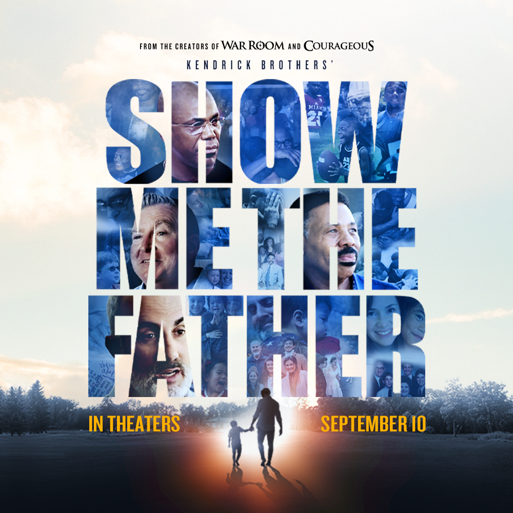 Show Me the Father movie poster with a silhouette of a father and child walking, in theaters September 10.