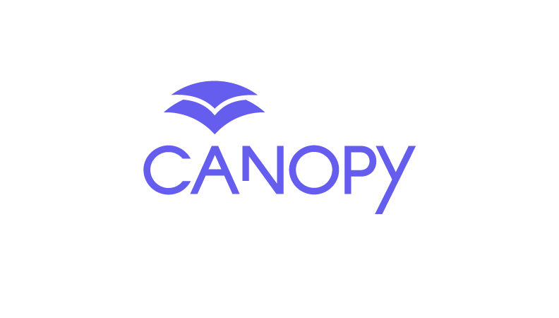 Blue Canopy logo with stylized book graphic above the word Canopy on a white background.