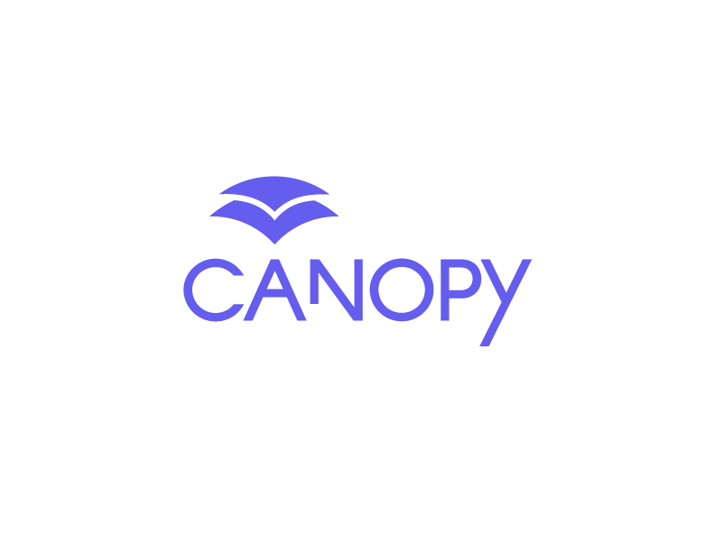 Blue Canopy logo with stylized book graphic above the word Canopy on a white background.