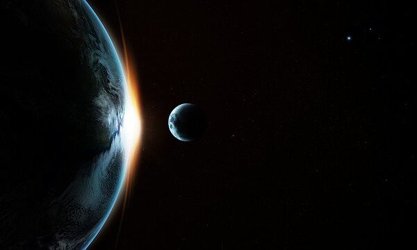 Earth and moon in space with sunrise on the horizon, showcasing a stunning cosmic scene.