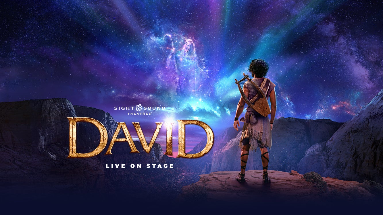 David gazes at a mystical night sky in Sight & Sound Theatres' live stage show poster. Text: DAVID, Live on Stage.