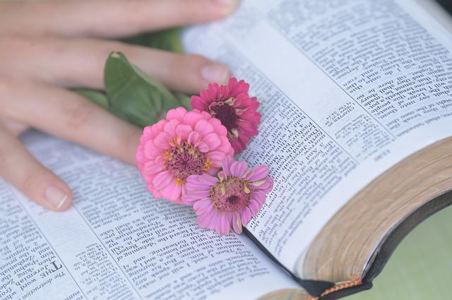 Hand holding pink flowers placed on an open book page, blending nature and literature.