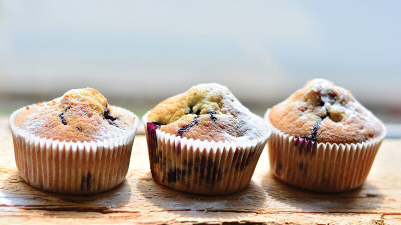 Three freshly baked blueberry muffins dusted with powdered sugar on a wooden surface.