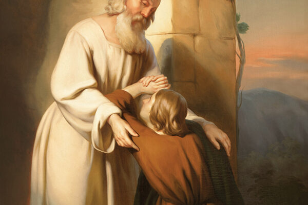 Elderly man comforting a younger person in a serene, vine-covered archway, symbolizing compassion and support.