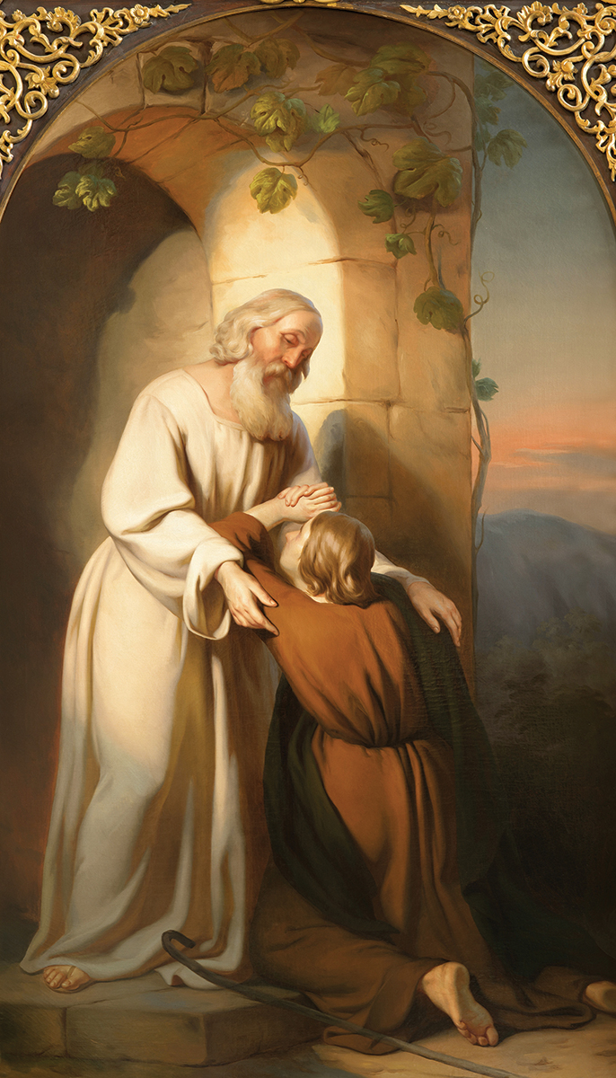 Elderly man comforting a younger person in a serene, vine-covered archway, symbolizing compassion and support.