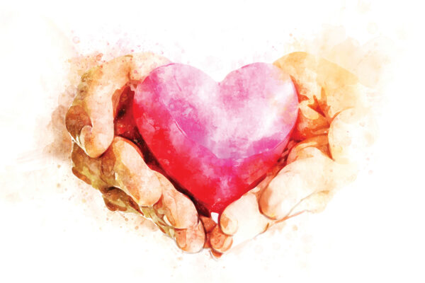 Watercolor hands holding a pink heart, symbolizing love, care, and compassion.