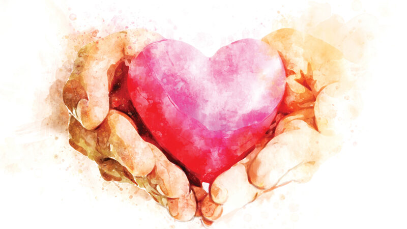 Watercolor hands holding a pink heart, symbolizing love, care, and compassion.