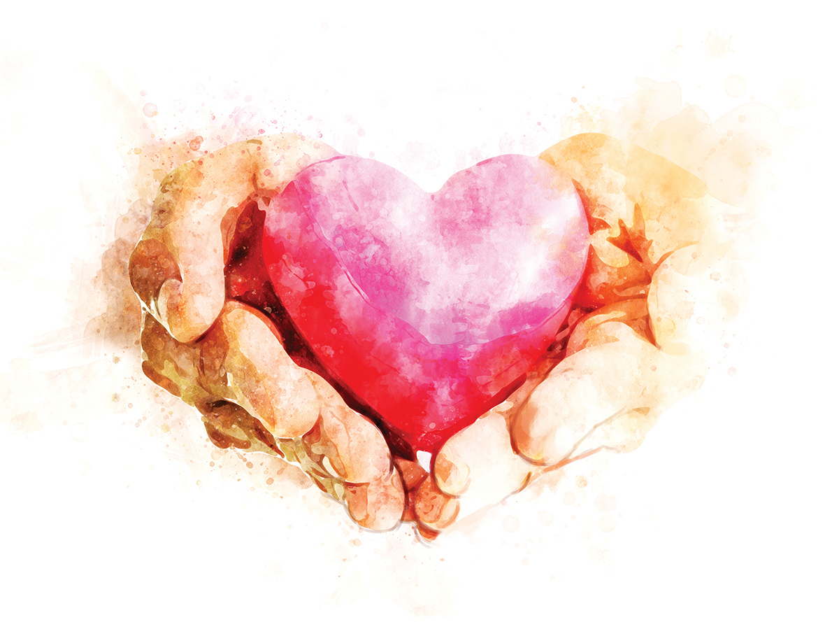 Watercolor hands holding a pink heart, symbolizing love, care, and compassion.