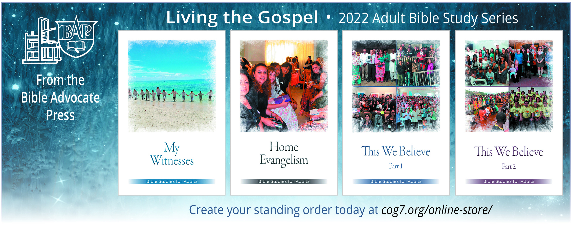 Living the Gospel: 2022 Adult Bible Study Series by Bible Advocate Press, featuring four study guides.