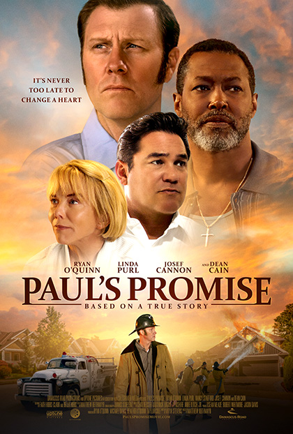 Movie poster for Paul's Promise featuring four characters against a sunset, tagline It's never too late to change a heart.