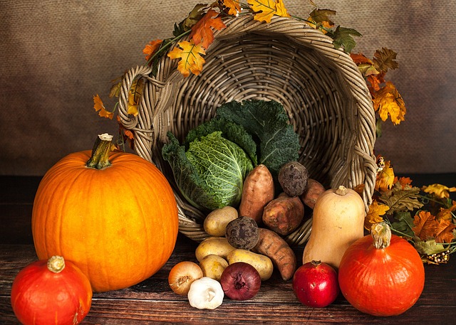 Cornucopia with pumpkins, cabbage, sweet potatoes, and fall leaves, representing an autumn harvest theme.