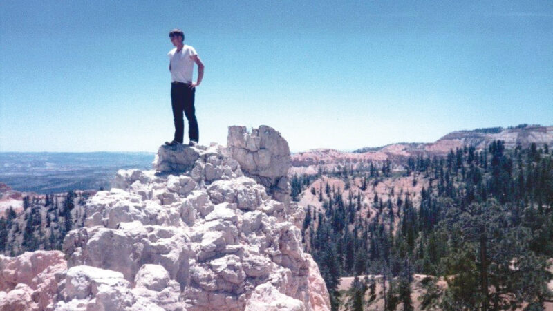 Person standing atop rocky outcrop with expansive forest and plateau view in background under a clear blue sky.