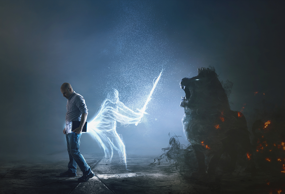 A digital spirit warrior emerges from a man, battling a dark beast in a mystical scene.