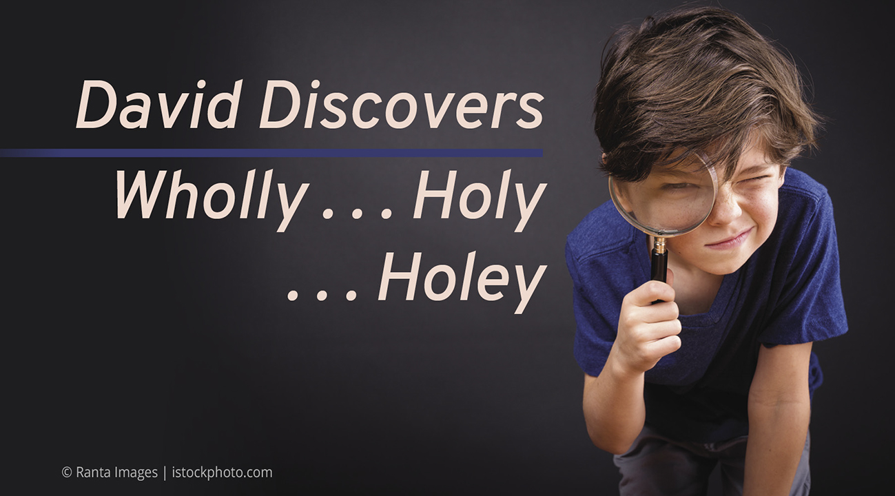 Boy holding magnifying glass with David Discovers: Wholly... Holy... Holey text, curious expression, dark background.