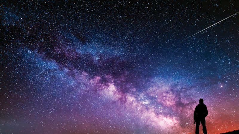 Silhouetted person stargazing under a vivid night sky filled with stars and Milky Way galaxy.