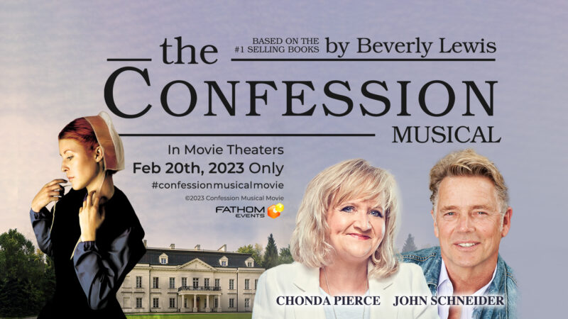 Promotional image for The Confession Musical in theaters Feb 20, 2023, featuring a woman in Amish attire.