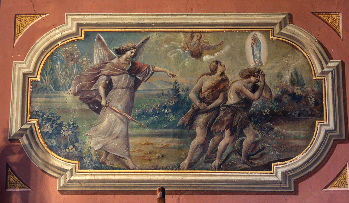 Religious painting of angel guiding two figures away from paradise, rich colors, detailed landscape background.