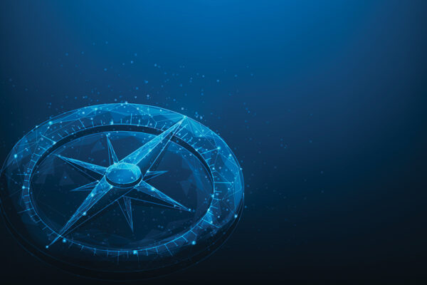 Digital compass on a blue background, made with geometric lines and glowing nodes, symbolizing navigation and direction.