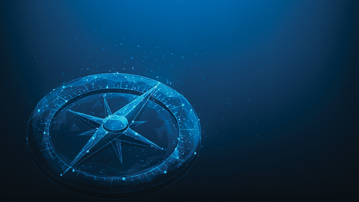 Digital compass on a blue background, made with geometric lines and glowing nodes, symbolizing navigation and direction.