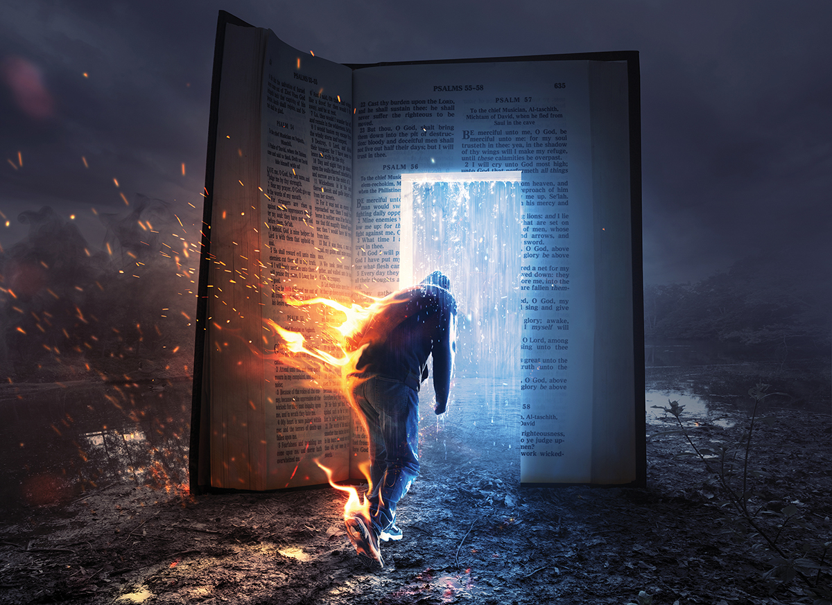 Man entering mystical portal in open book with fiery and icy elements surrounding him, symbolizing transformation.
