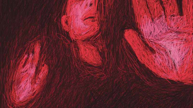 Abstract red sketch of a face and hands in dramatic lighting, conveying emotion and movement.