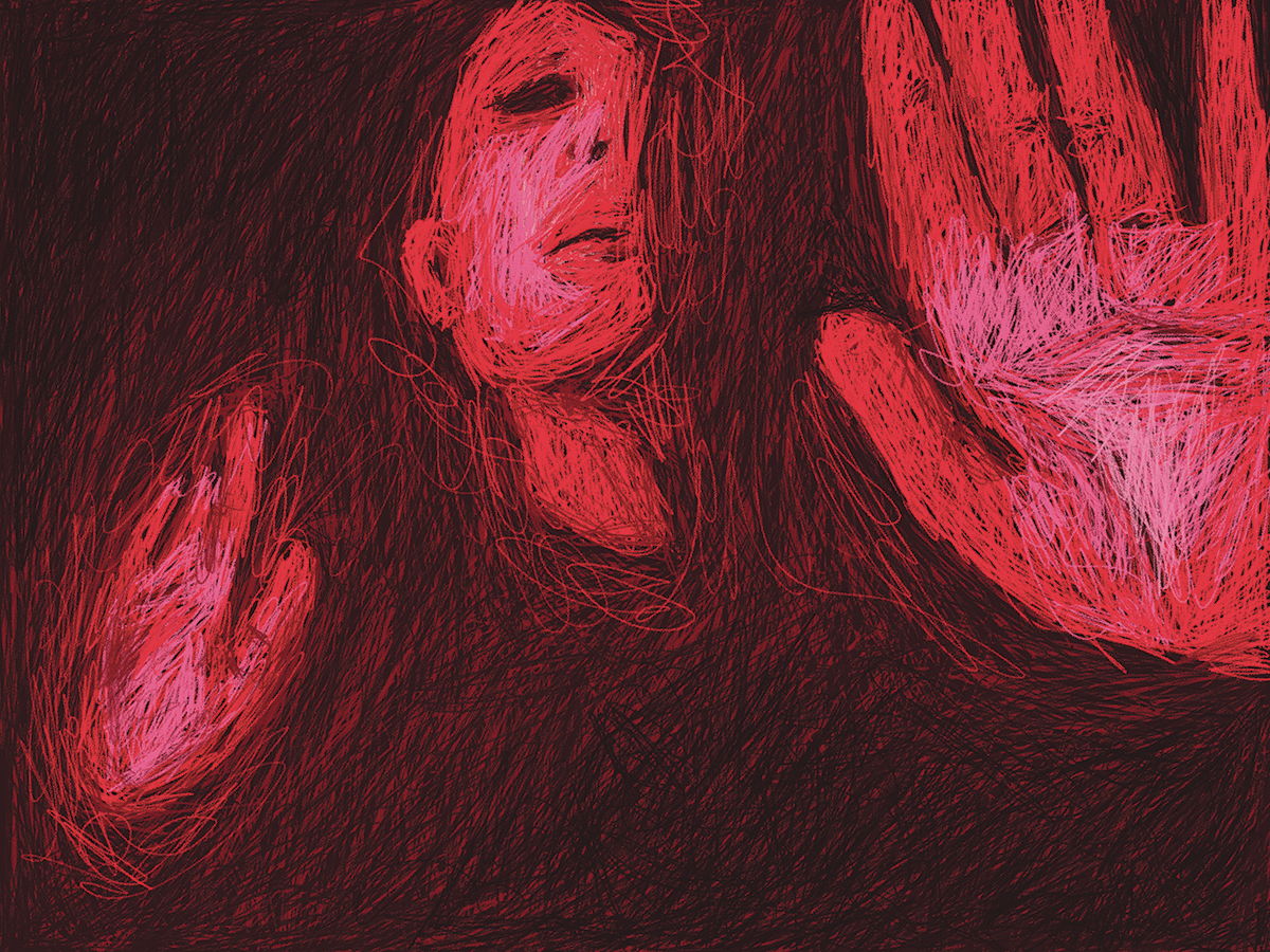 Abstract red sketch of a face and hands in dramatic lighting, conveying emotion and movement.
