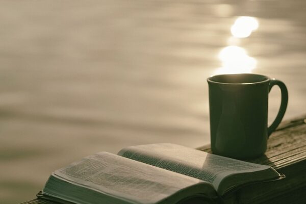 Open book and mug on a wooden deck by a lake, reflecting sunlight for a serene relaxation moment.