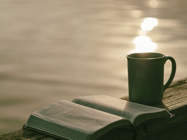 Open book and mug on a wooden deck by a lake, reflecting sunlight for a serene relaxation moment.