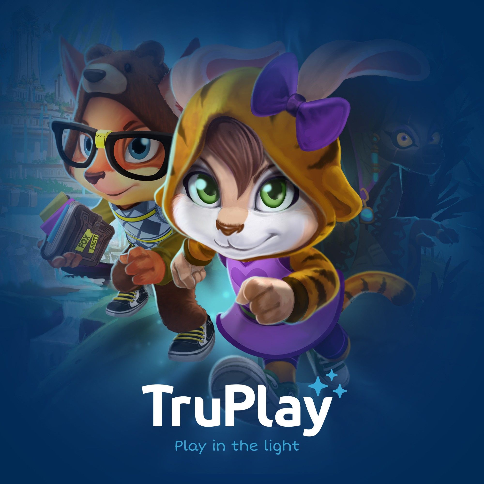 Cartoon animal characters in costumes with TruPlay: Play in the light text, blue background.