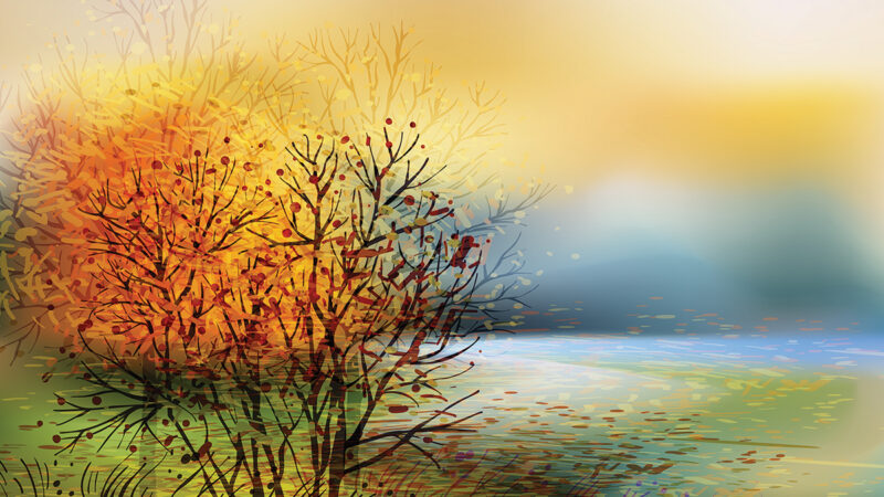 Vibrant abstract autumn landscape with colorful trees and a serene pond, capturing the essence of fall.