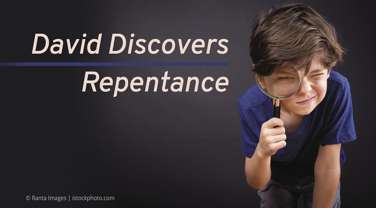 Boy in blue shirt examining closely with a magnifying glass; text reads David Discovers Repentance.