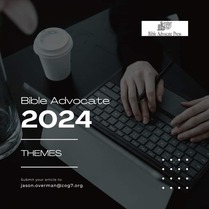 Person typing on keyboard with coffee, promoting Bible Advocate 2024 themes. Submit articles via email.