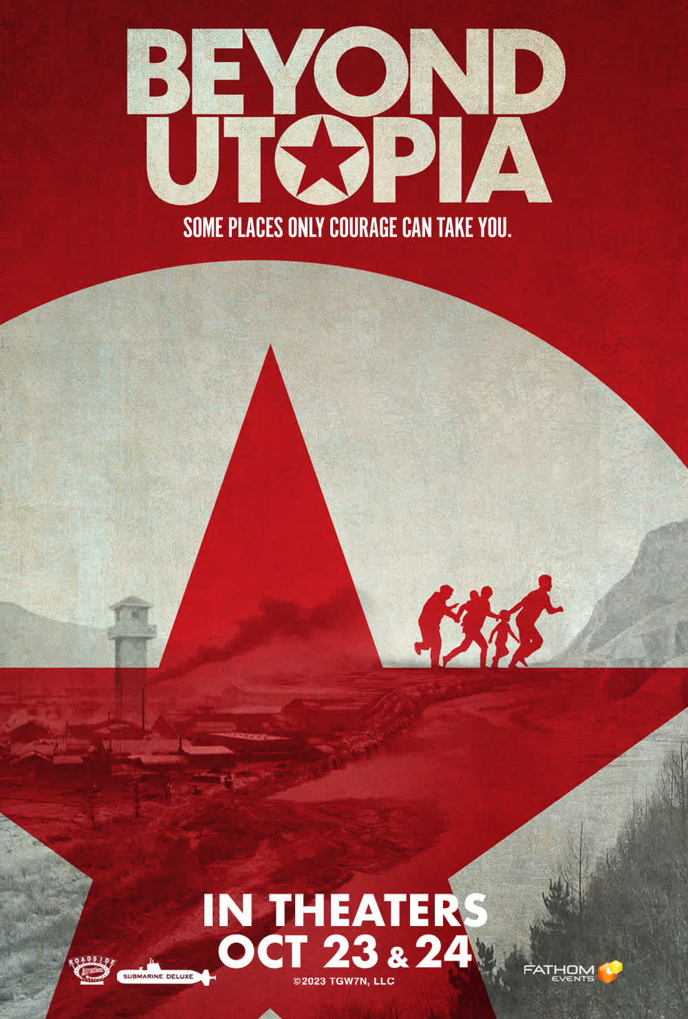 Beyond Utopia movie poster with title and release dates, featuring silhouettes of people running across landscape.