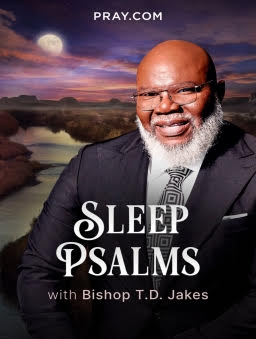 Bishop smiling against a serene landscape with Sleep Psalms text and Pray.com branding.